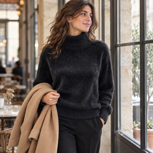 Jersey de cuello alto efecto pelo color negro en foto lifestyle secundaria