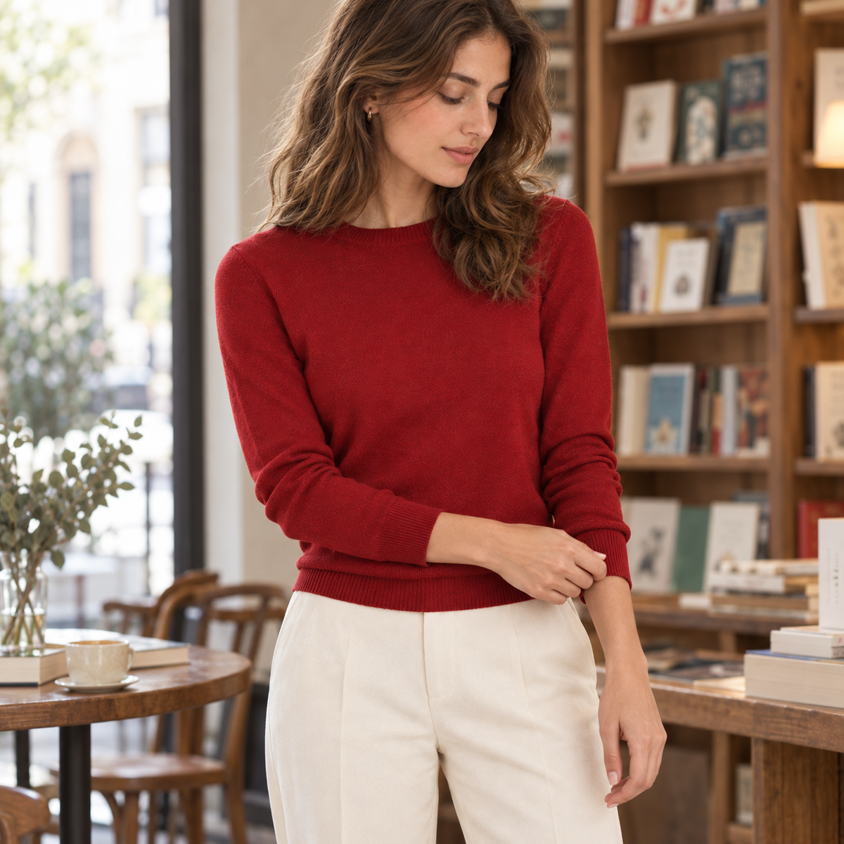 Jersey cuello redondo cashmere burdeos en librería café