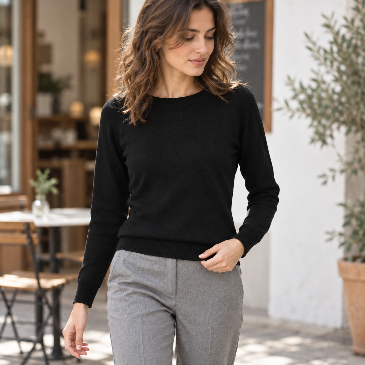 Jersey cuello redondo cashmere negro caminando en cafetería