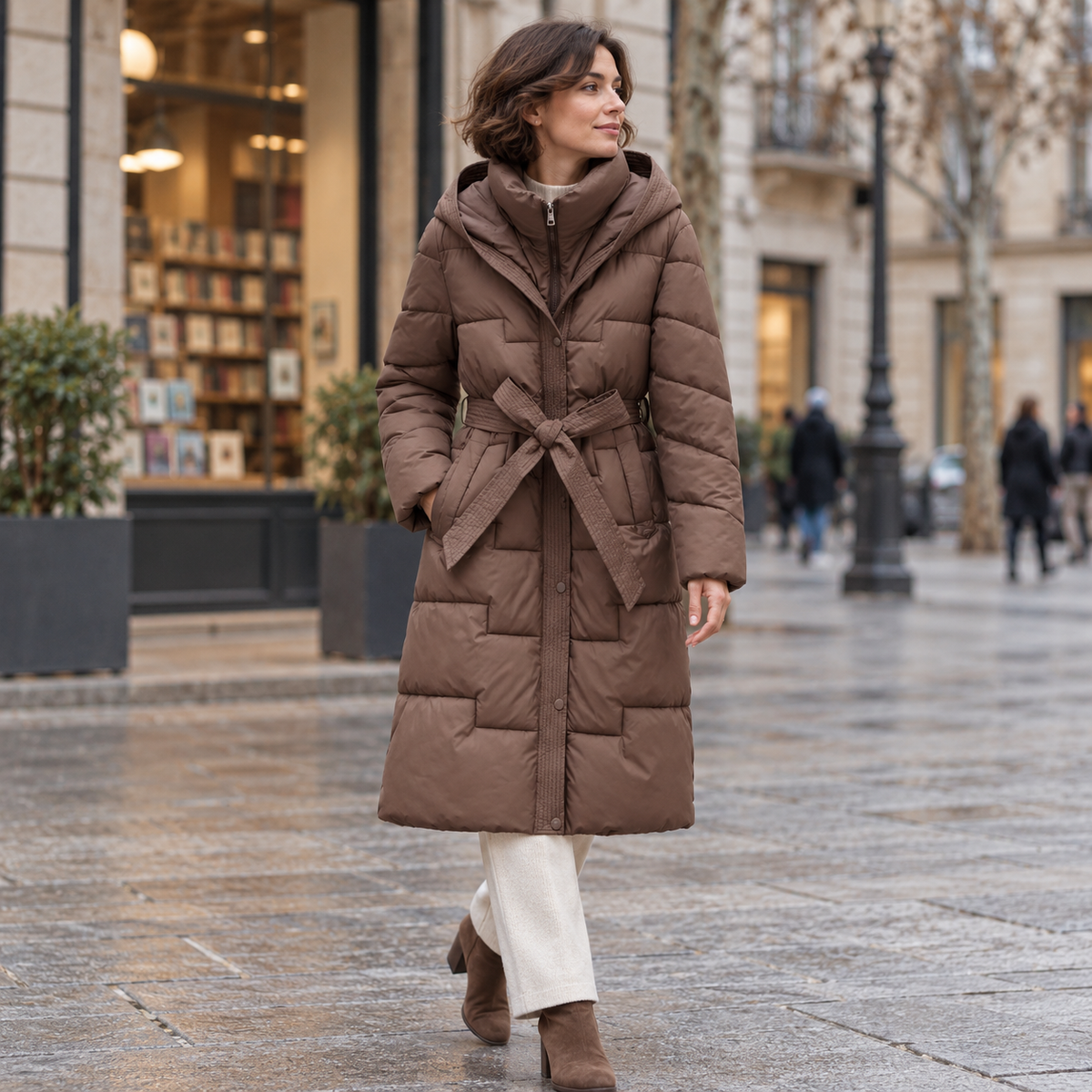 Abrigo largo acolchado marrón con capucha y cinturón, look de otoño