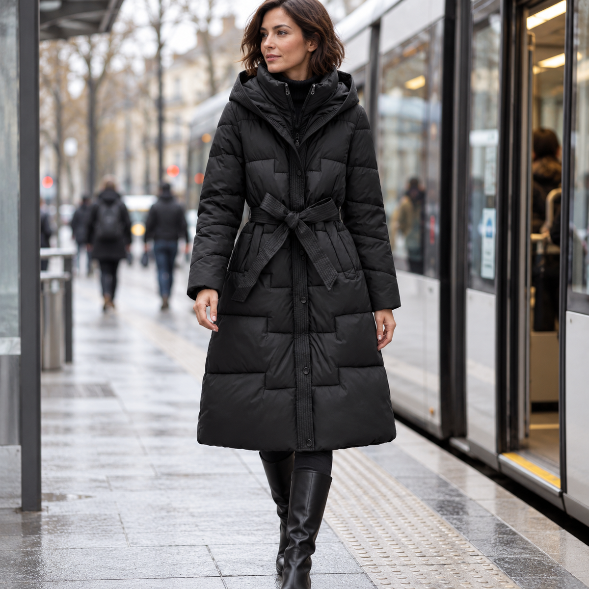 Abrigo largo acolchado negro con capucha y cinturón, look de otoño en la ciudad