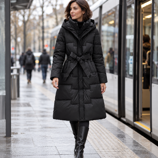 Abrigo largo acolchado negro con capucha y cinturón, look de otoño en la ciudad