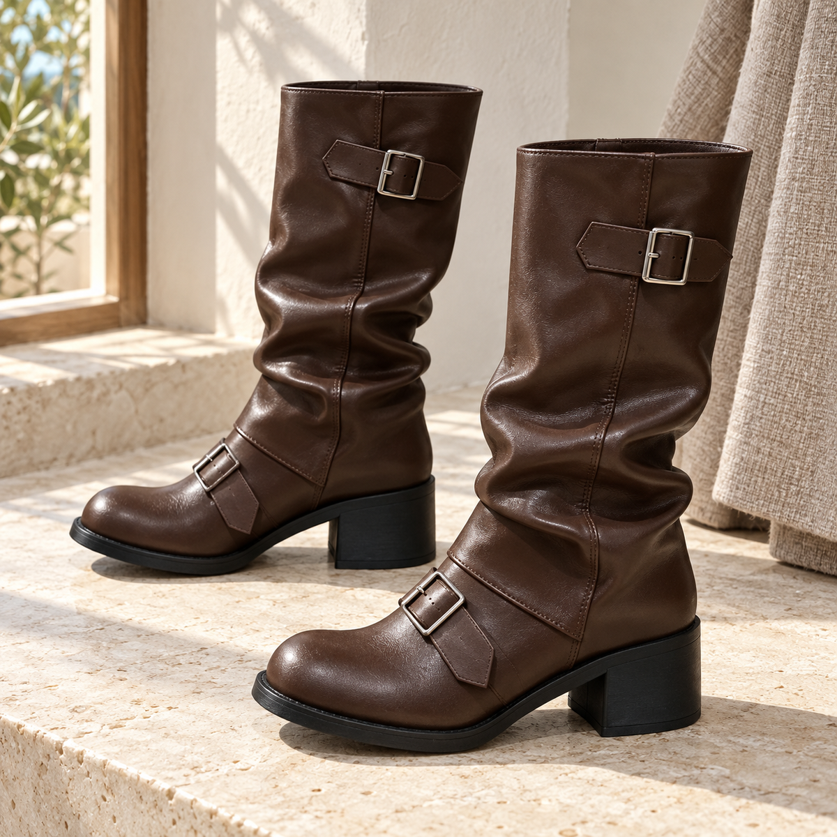 Bodegón de botas moteras marrones con hebillas