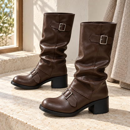 Bodegón de botas moteras marrones con hebillas