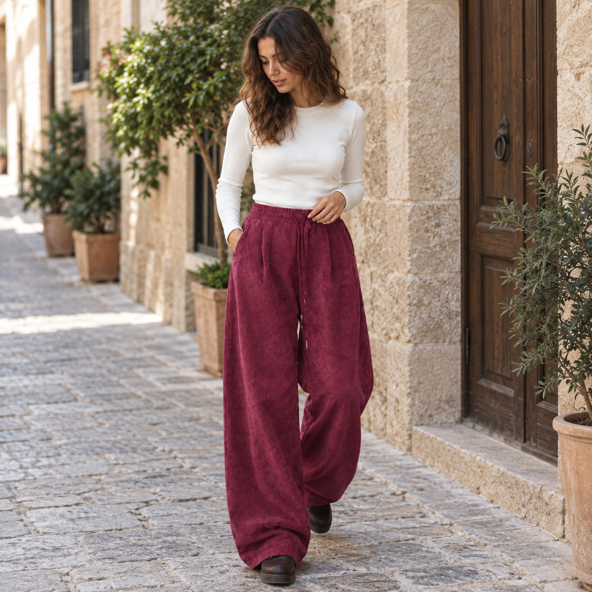 Pantalón cargo de pana ancho cordón - secundaria Burdeos