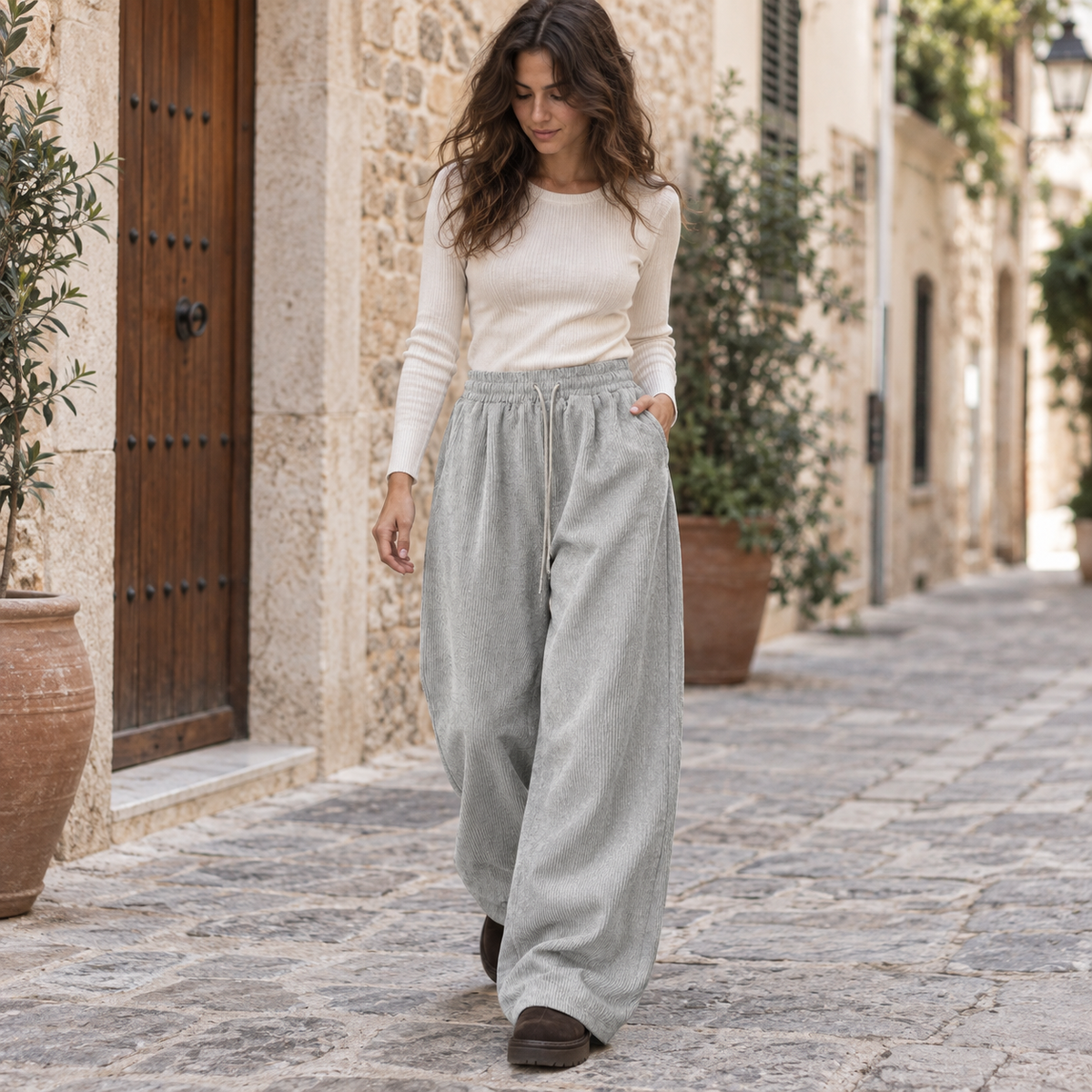 Pantalón cargo de pana ancho cordón - secundaria Gris claro