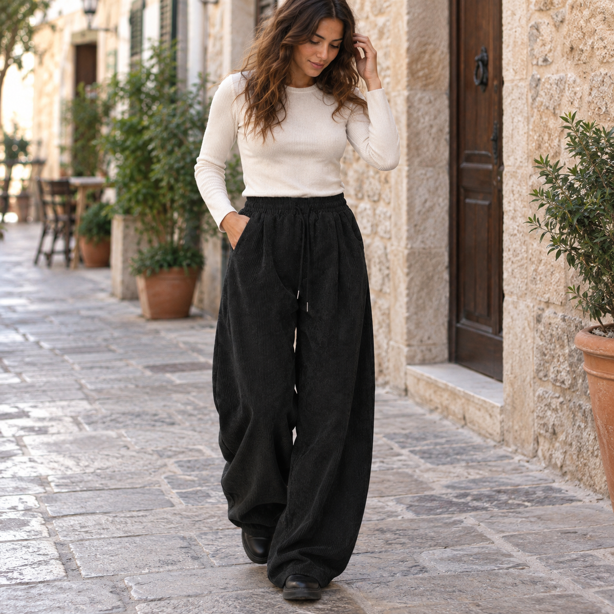 Pantalón cargo de pana ancho cordón - secundaria Negro