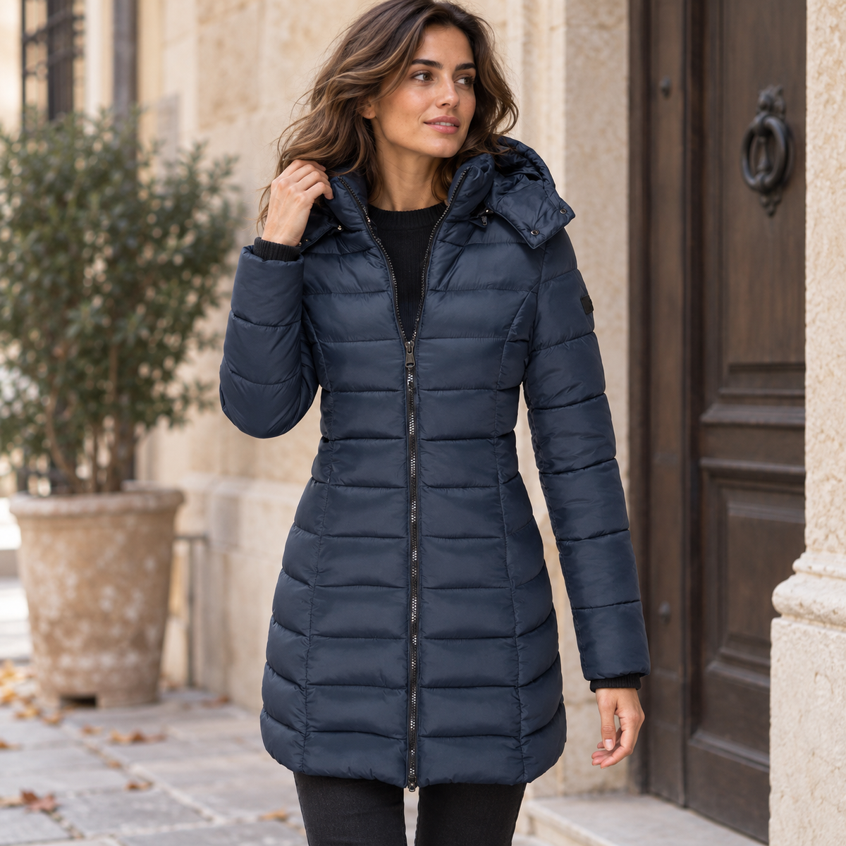 Parka acolchada con capucha azul marino para mujer