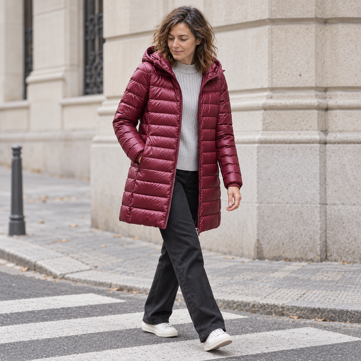 Chaquetón de plumón largo burdeos con capucha, portada de calle boutique