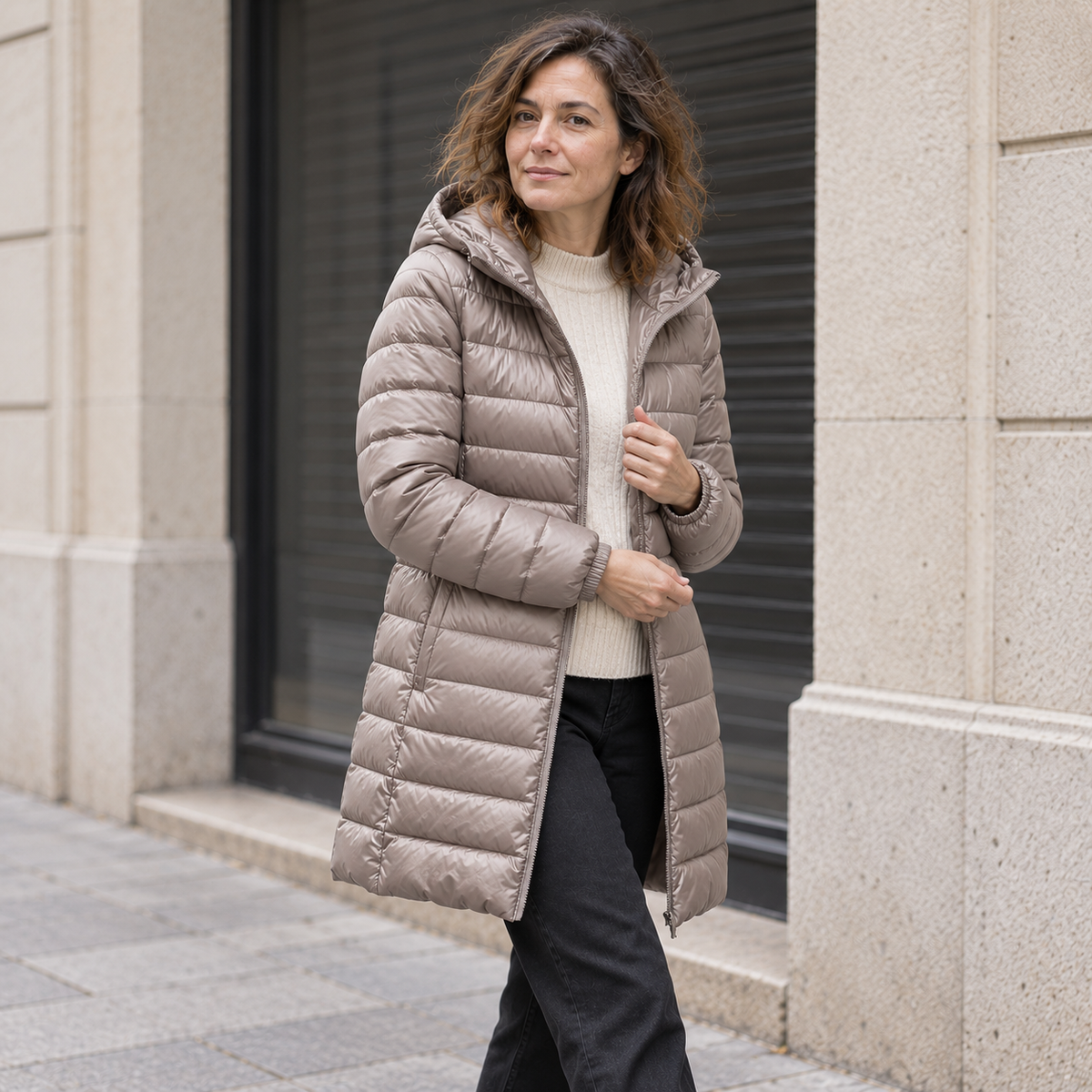 Chaquetón de plumón largo champán con capucha, portada de calle boutique