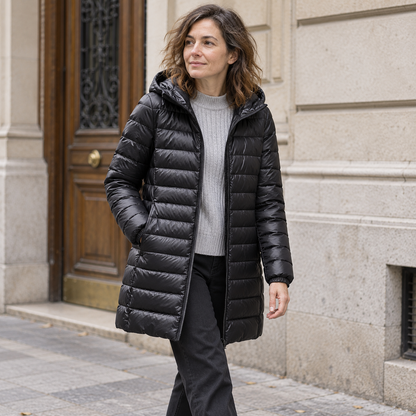 Chaquetón de plumón largo negro con capucha, portada de calle