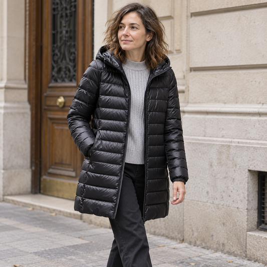 Chaquetón de plumón largo negro con capucha, portada de calle