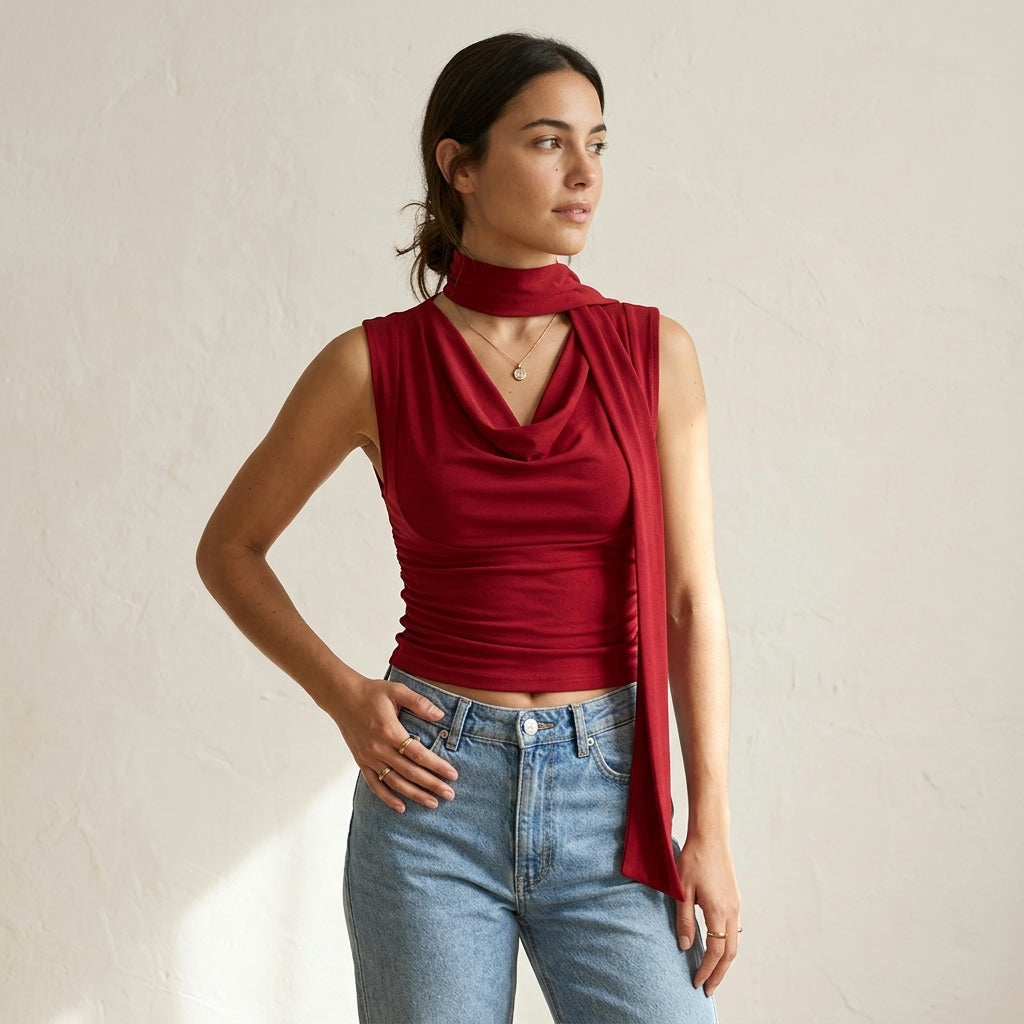 Top de tirantes rojo con pañuelo, pared clara