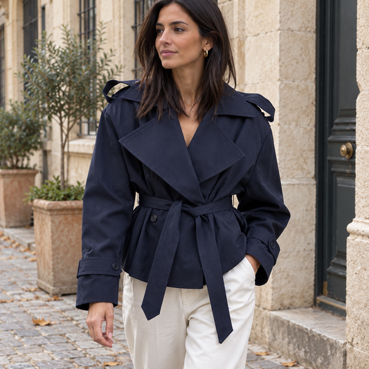 Trench corto cruzado azul marino con cinturón, look de otoño