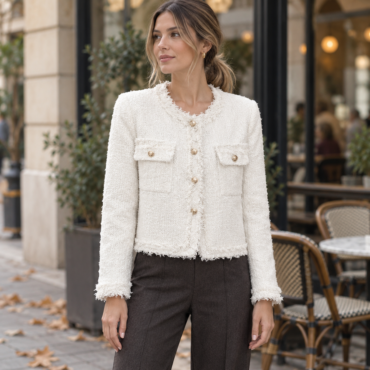 Chaqueta tweed blanca con flecos, look de otoño en la ciudad