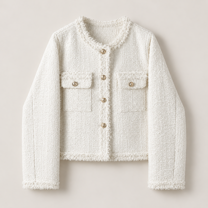 Chaqueta tweed blanca con flecos sobre fondo de estudio