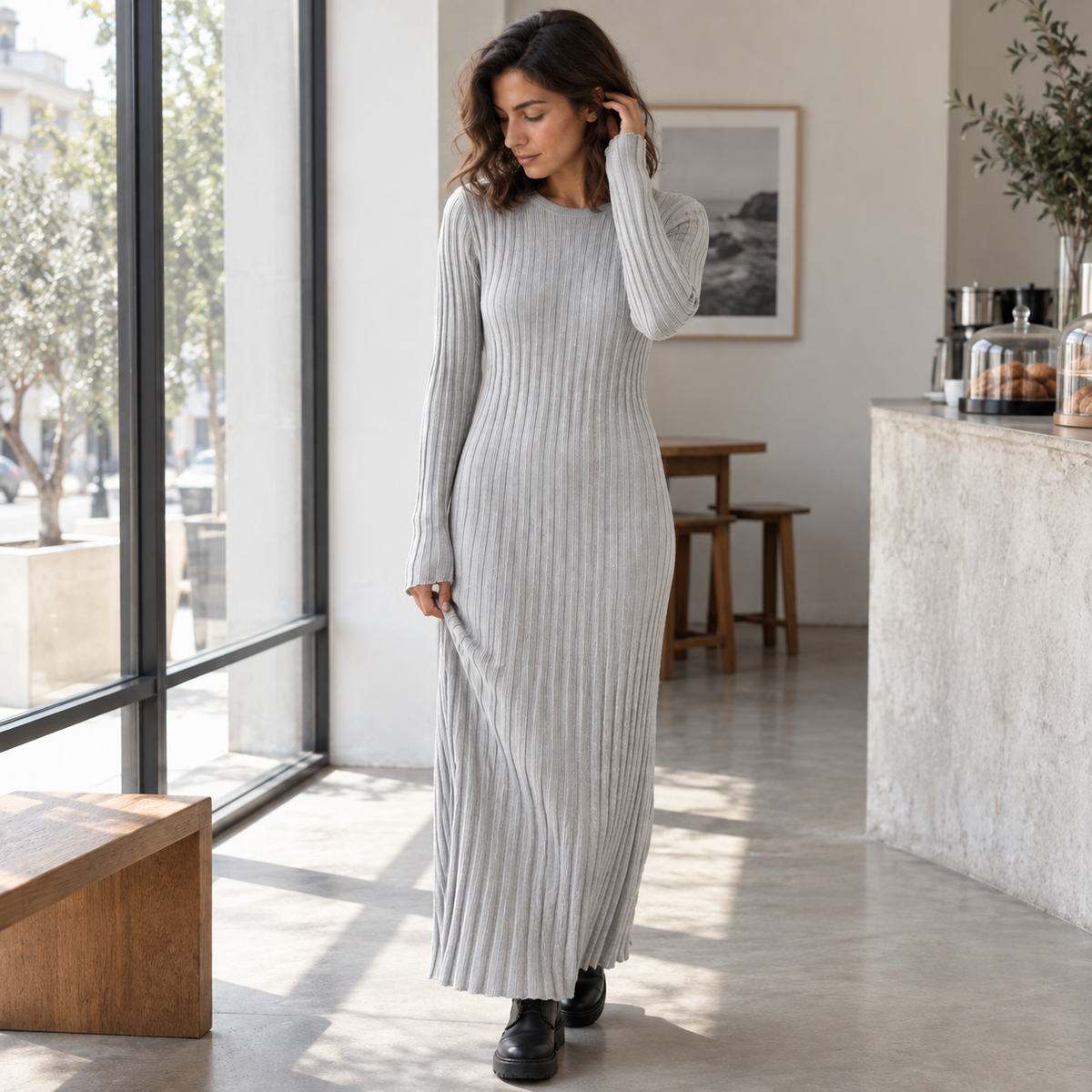Vestido maxi de punto canalé - secundaria Gris