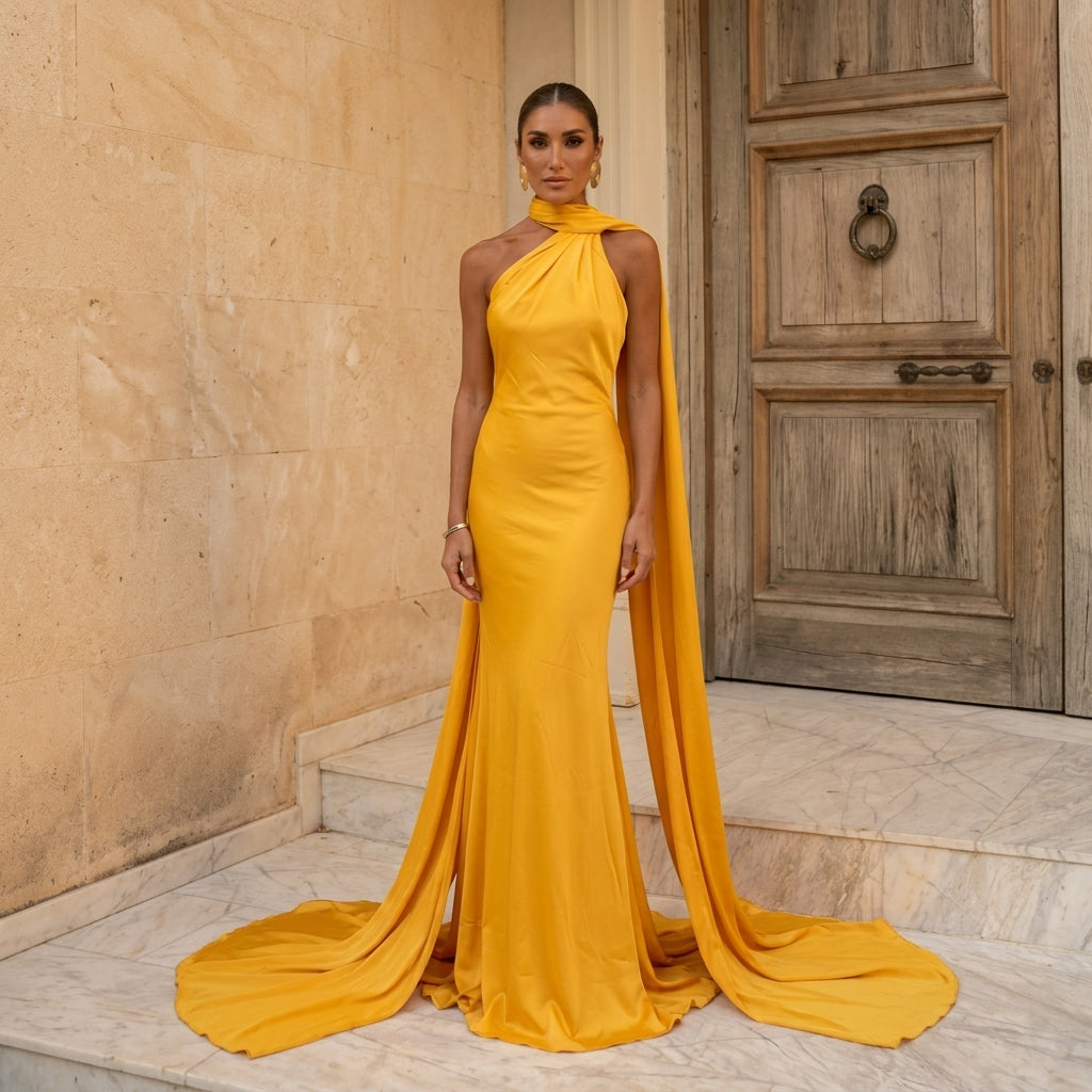 Vestido largo satinado amarillo halter efecto seda con capa - portada