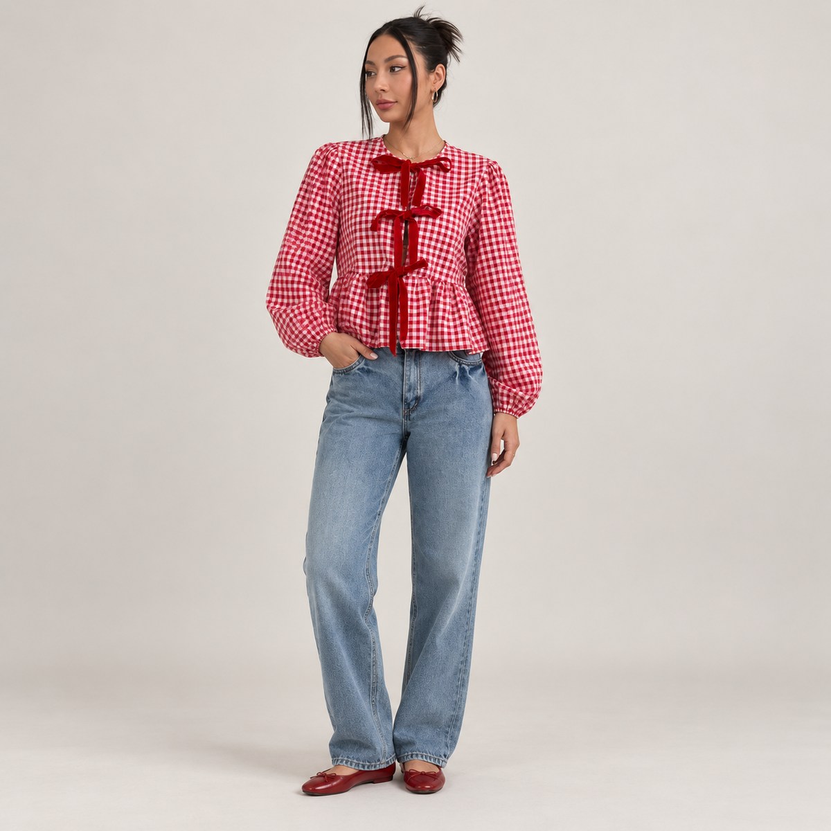 Blusa roja de cuadros vichy de cuerpo entero